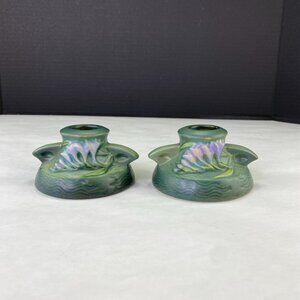 Vintage Roseville Freesia Green Purple Candle Holders